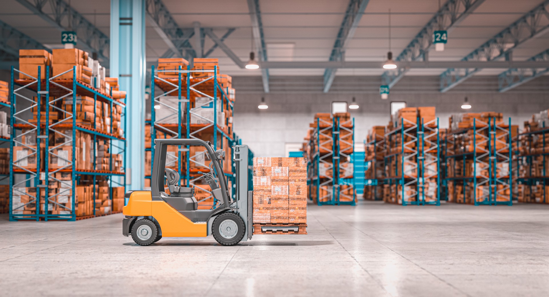 forklift with pallets inside a warehouse.