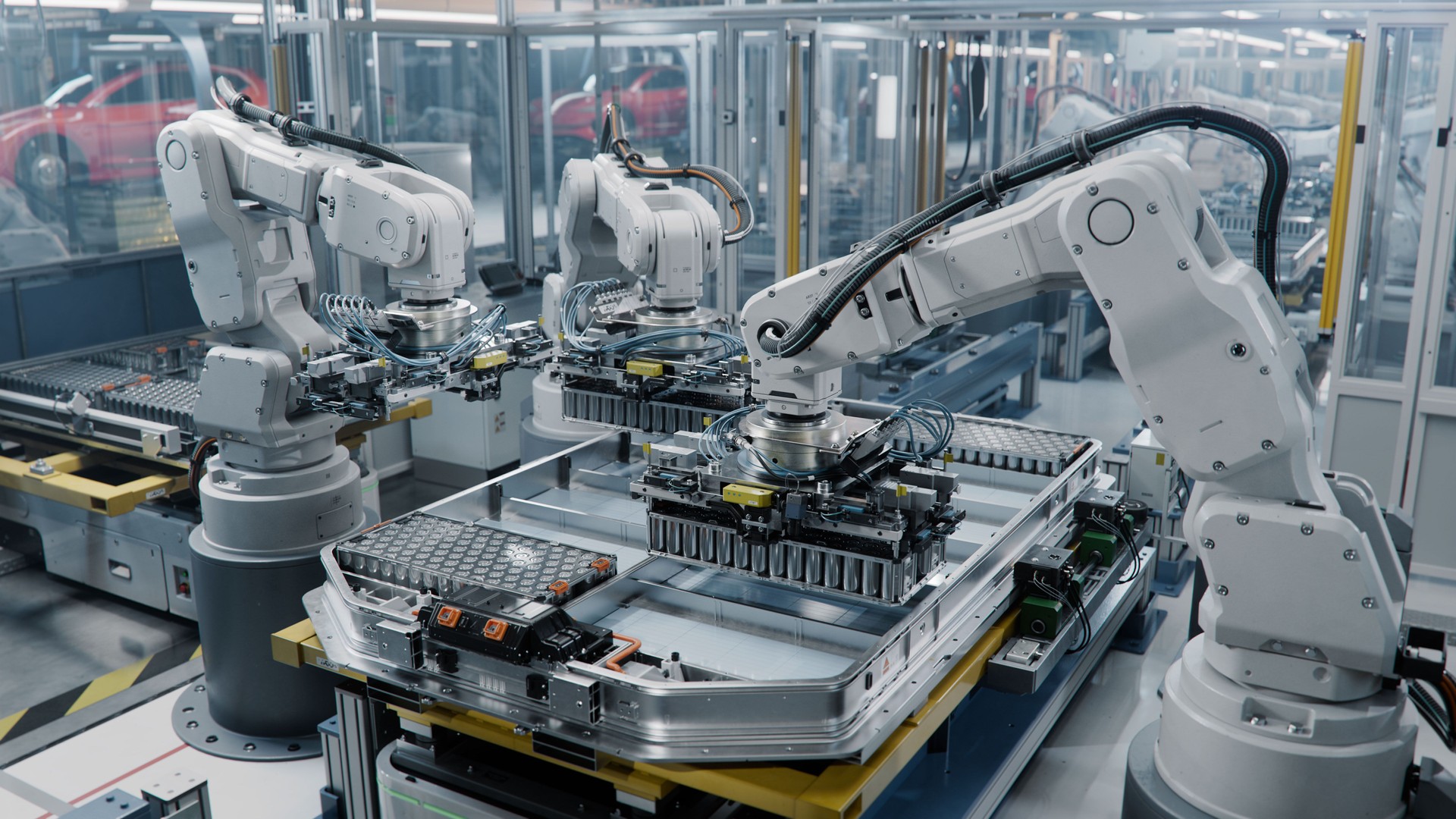 Row of White Robotic Arms at Automated Production Line at Bright Modern Factory. Industrial Robot Arms Assemble Lithium-Ion EV Battery Pack.  Electric Car Manufacturing Inside Automotive Smart Factory