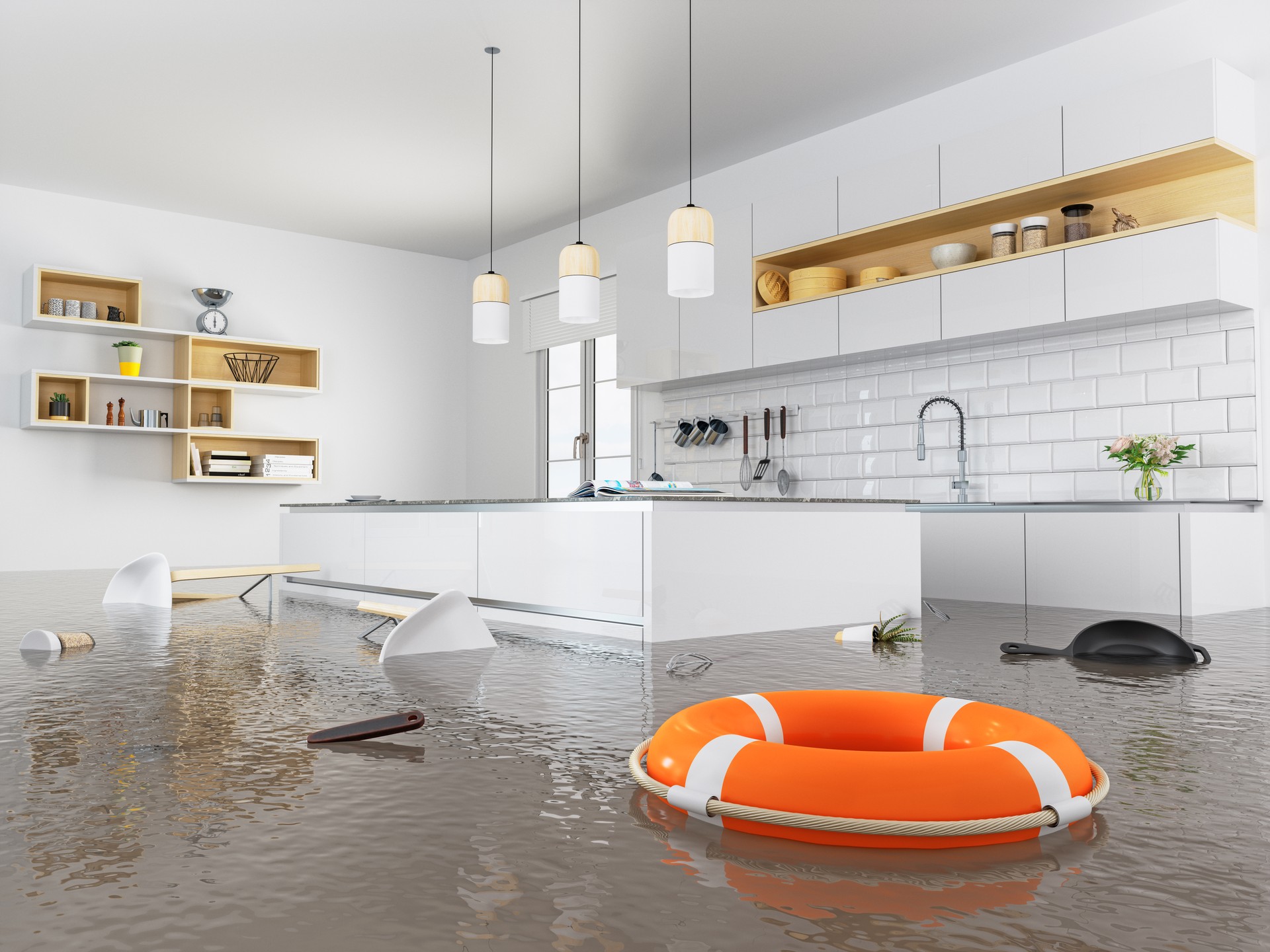 Lifebuoy floating on flooding in kitchen